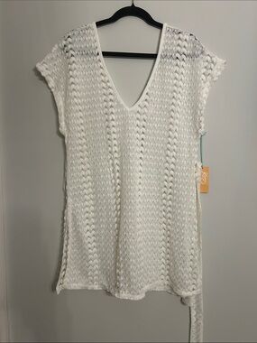 Kona Sol White Open-Weave V-Neck Swim Cover-Up with Side Tie